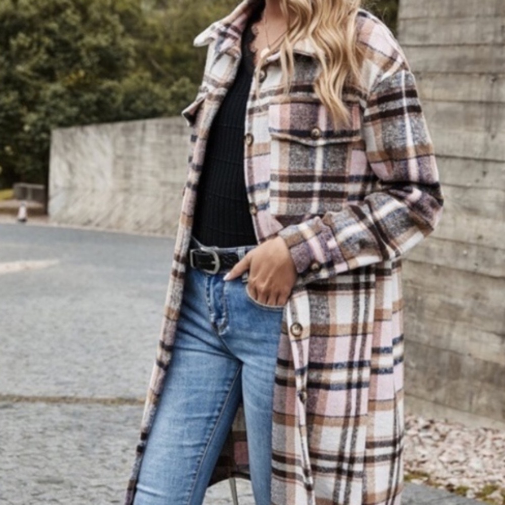 Cozy Plaid Print Button Down Long Jacket Shacket - Picture 1 of 5